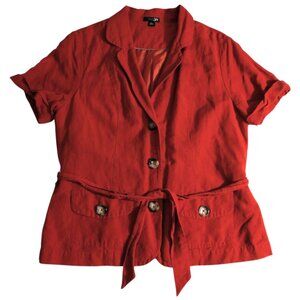 East 5th Women's Orange Button Up Tie Short Sleeve Jacket Shirt L Large